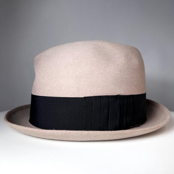 BORSALINO Vintage Beige Fedora Hat with Black Silk Ribbon Made in Italy